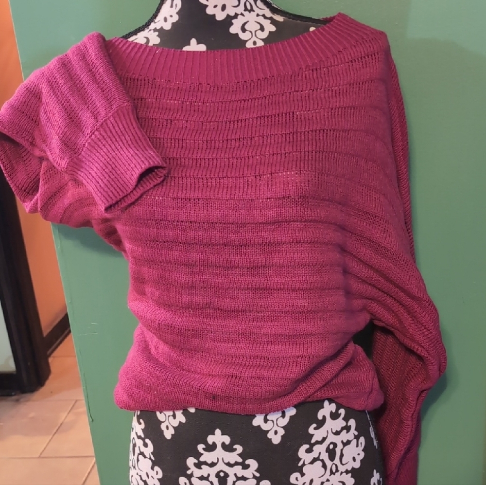 Elegant Off-the-Shoulder Knit Sweater - Berry